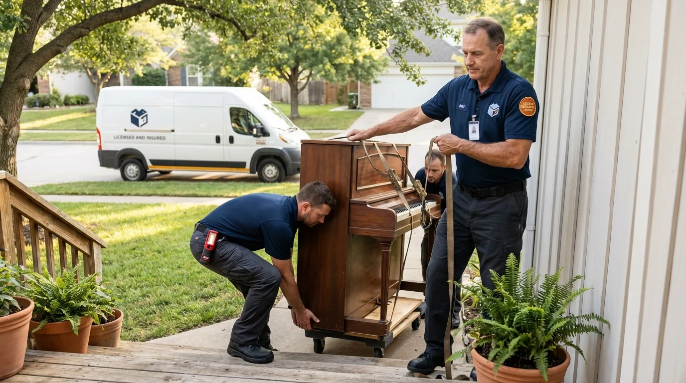 Licensed piano movers securing grand piano in Haledon, NJ