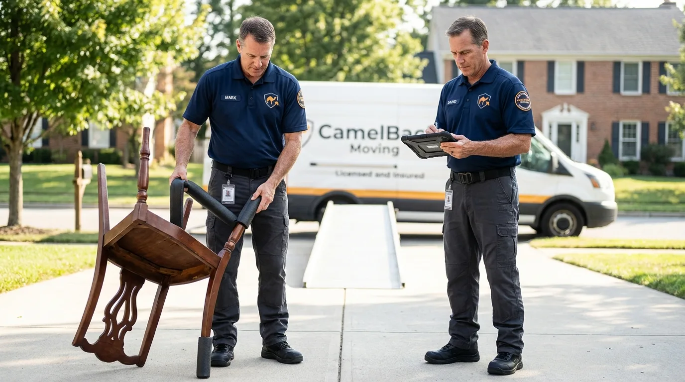 Movers inspecting furniture for damage prevention before loading in Haledon, NJ
