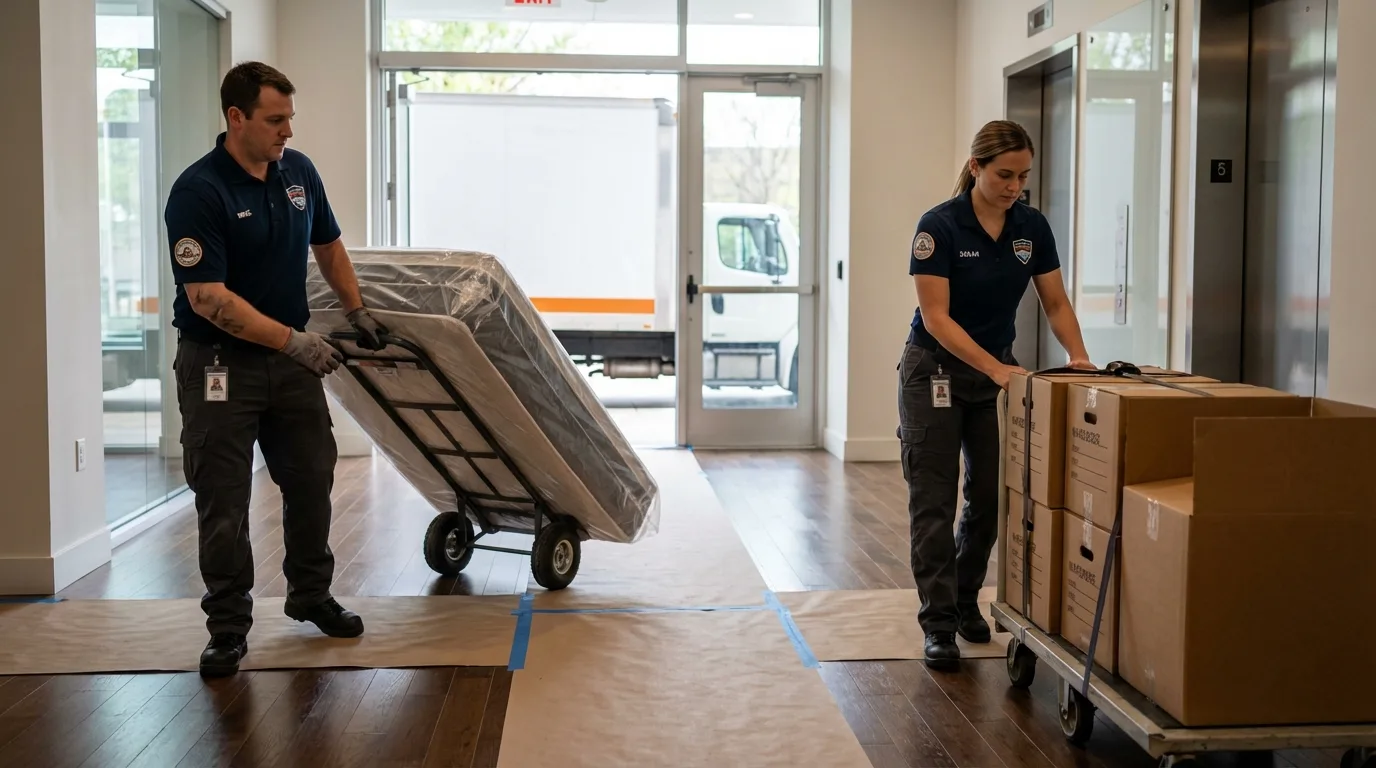 Professional apartment movers loading elevator in Haledon, NJ